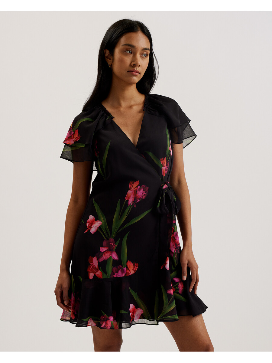 fasnia - mini-jurk met bloemenprint en engelenmouwen en wikkeleffect
