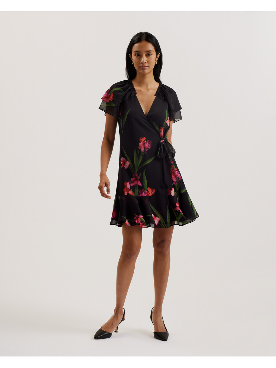 fasnia - mini-jurk met bloemenprint en engelenmouwen en wikkeleffect