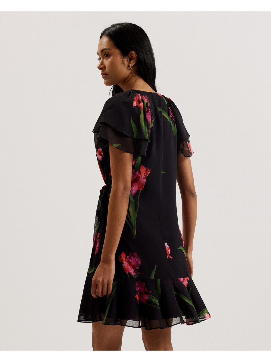 fasnia - mini-jurk met bloemenprint en engelenmouwen en wikkeleffect