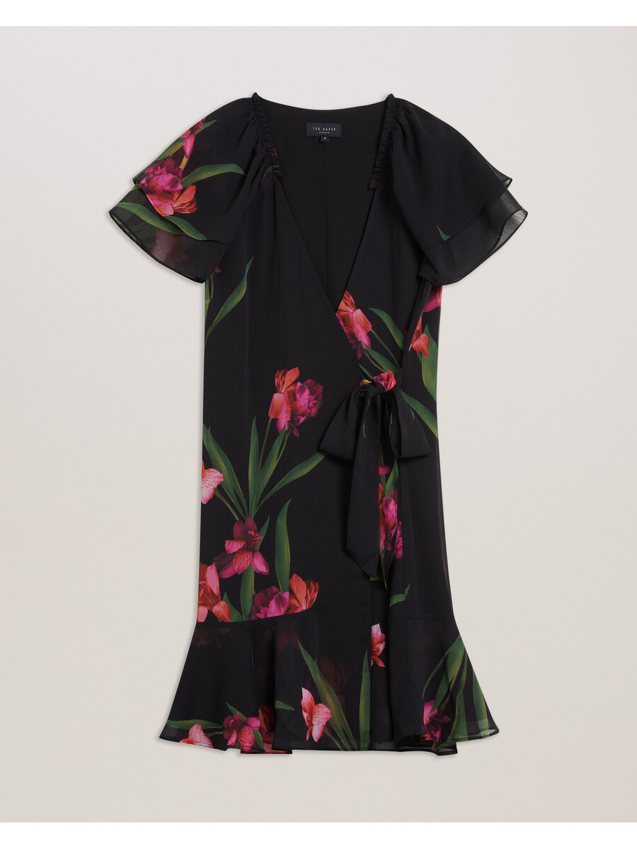 fasnia - mini-jurk met bloemenprint en engelenmouwen en wikkeleffect