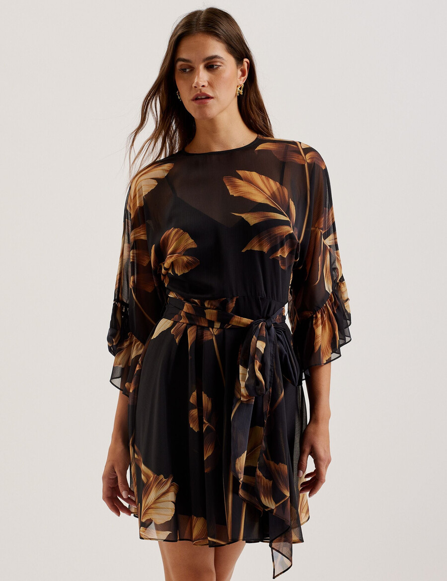 elster - bedrukte chiffon mini-jurk met strikceintuur