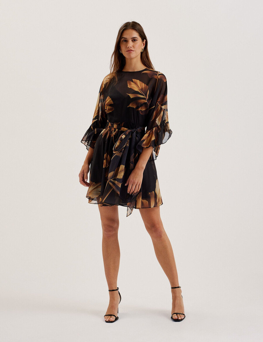 elster - bedrukte chiffon mini-jurk met strikceintuur