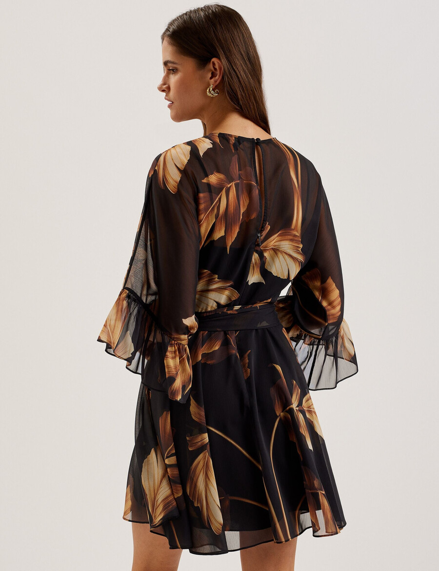 elster - bedrukte chiffon mini-jurk met strikceintuur