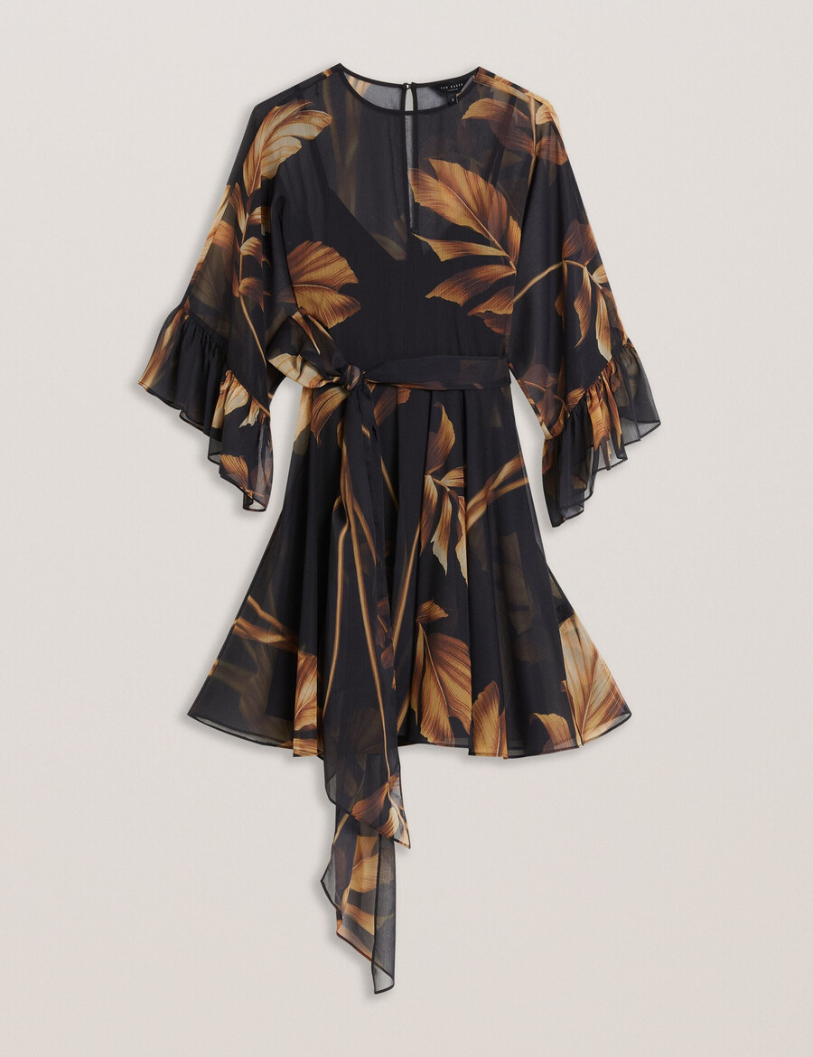 elster - bedrukte chiffon mini-jurk met strikceintuur