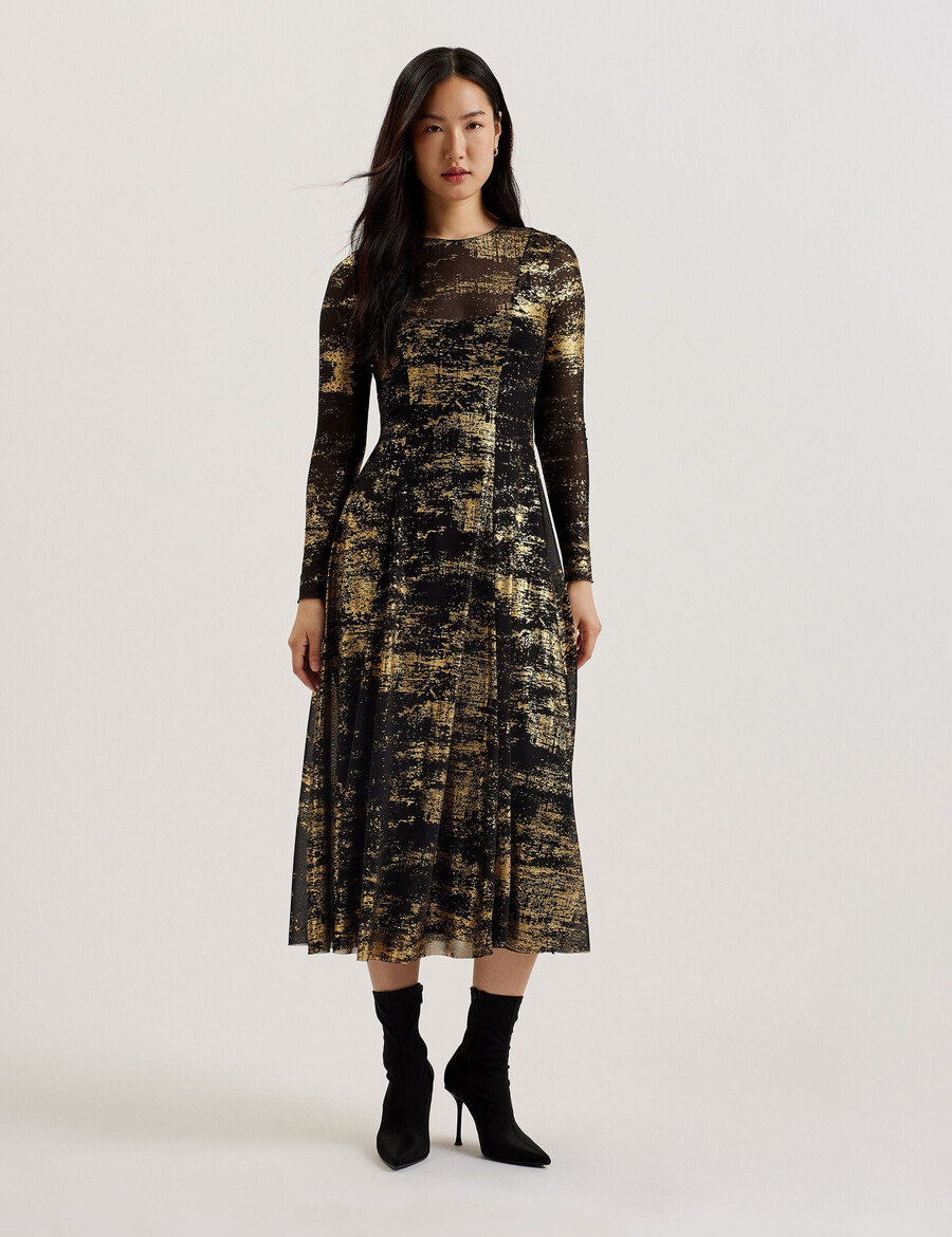 junhaa - midi-jurk met lange mouwen en folieprint gemaakt van mesh.