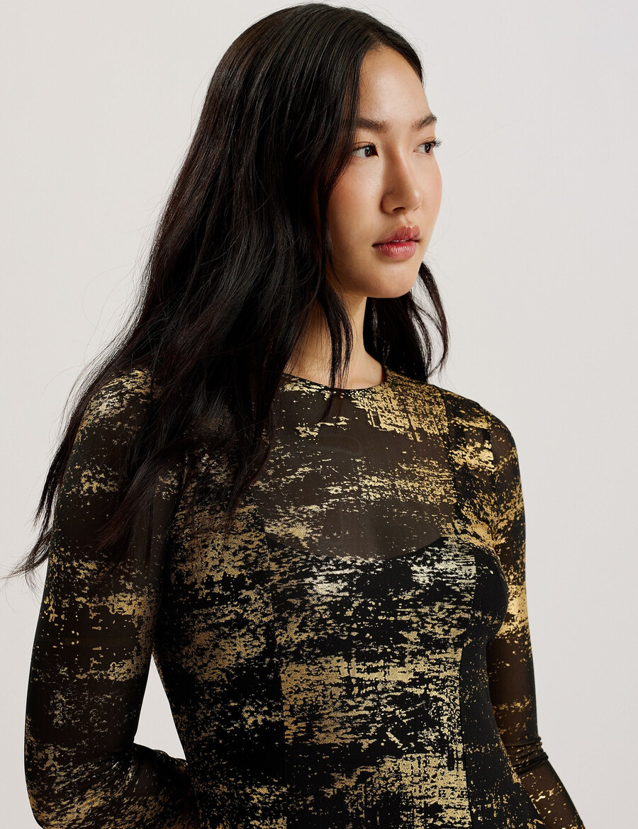 junhaa - midi-jurk met lange mouwen en folieprint gemaakt van mesh.