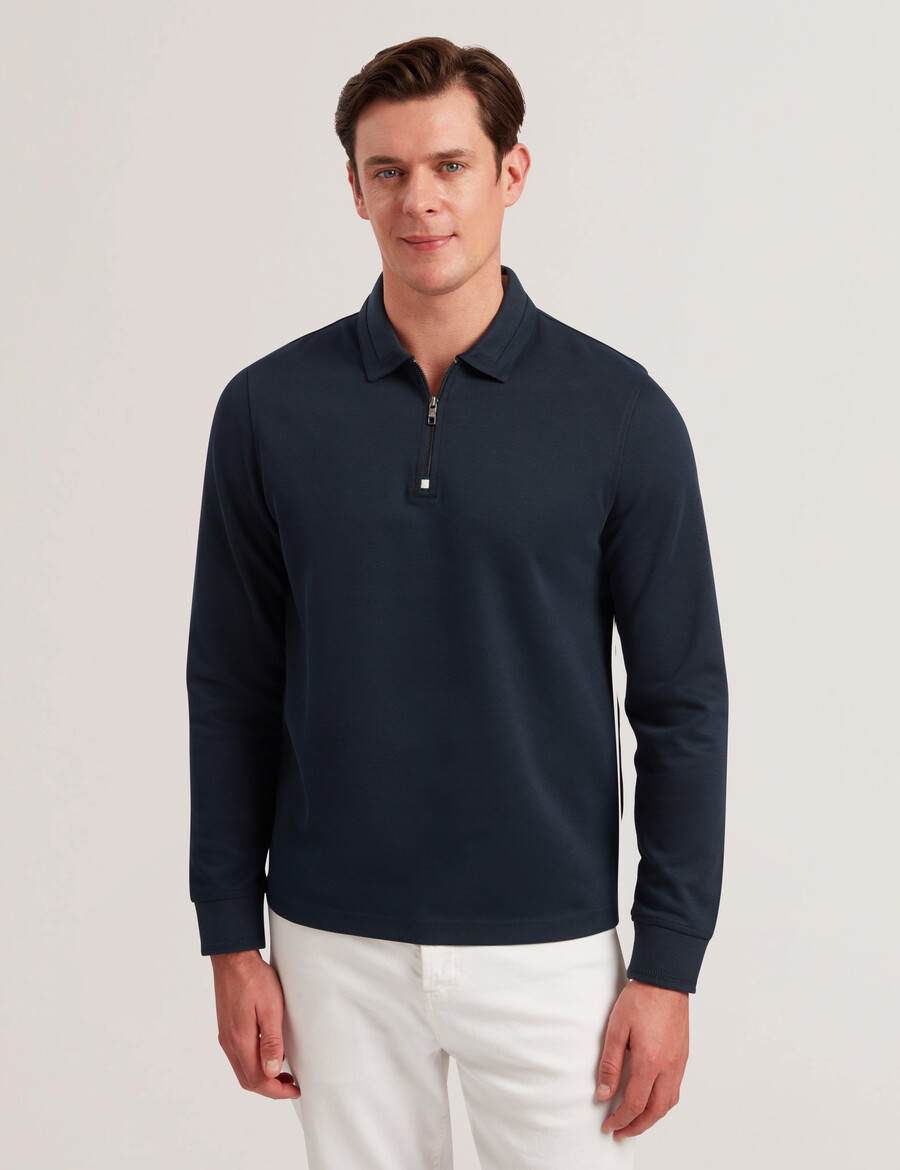 ingmar - polo shirt met lange mouwen en ritssluiting gemaakt van een katoenmix