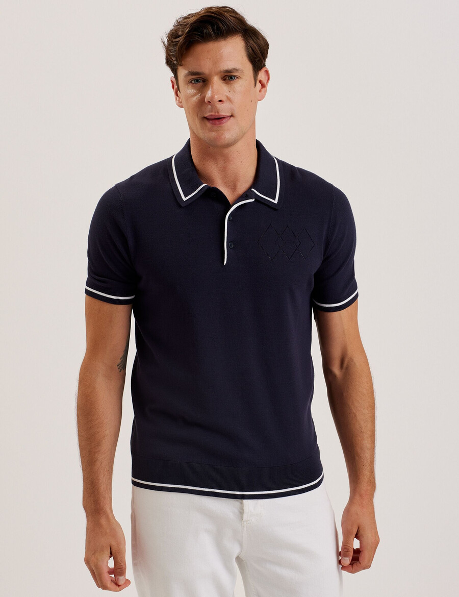 dunow - poloshirt met pointelle-details en gestreepte bies