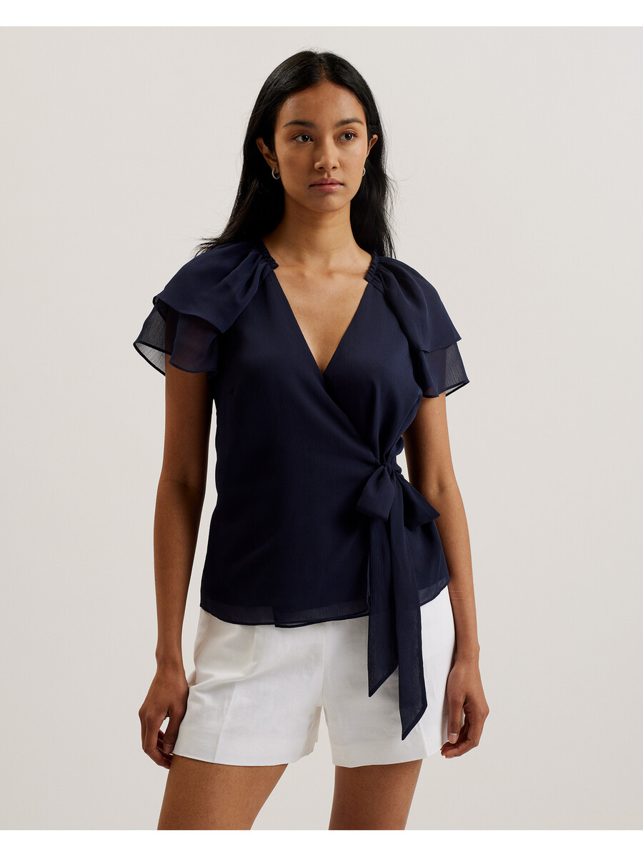 nobora - chiffon wikkelblouse met korte mouwen en ruches