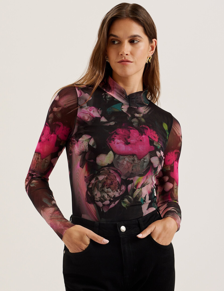 lisanna - bedrukte nauwsluitende mesh top met hoge hals