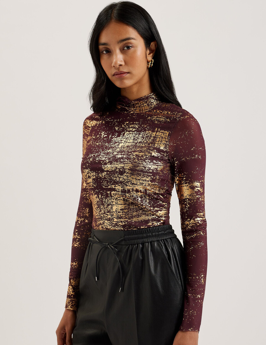 sofiy - mesh top met hoge hals en folieprint