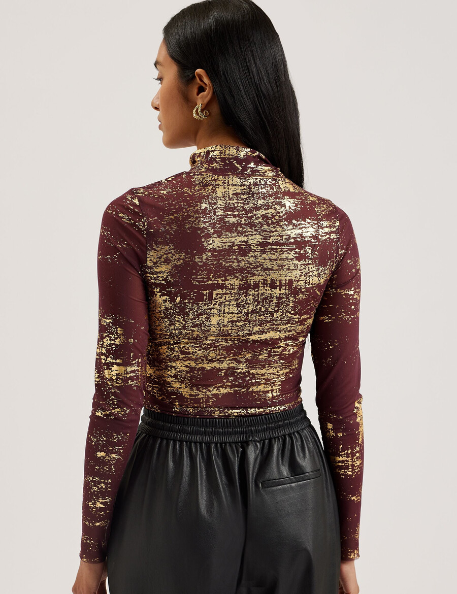 sofiy - mesh top met hoge hals en folieprint