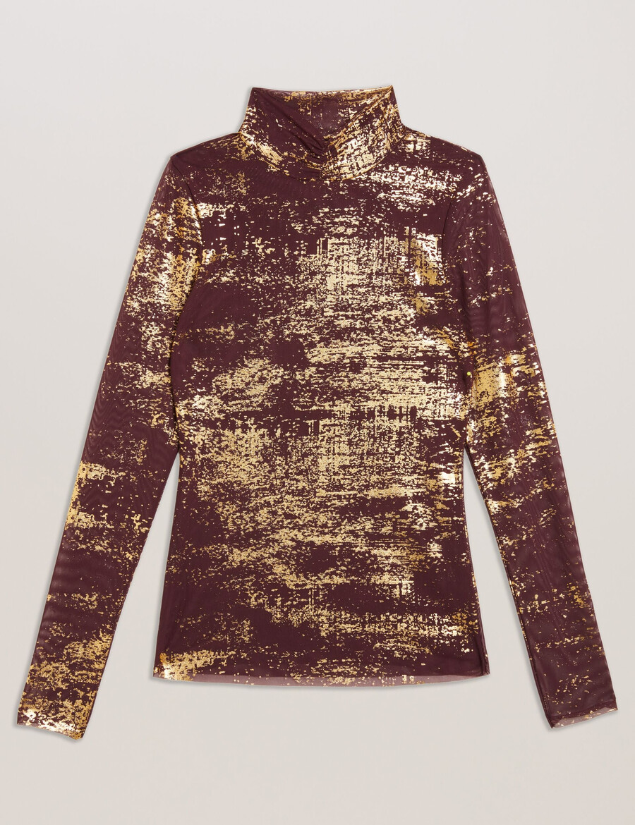 sofiy - mesh top met hoge hals en folieprint